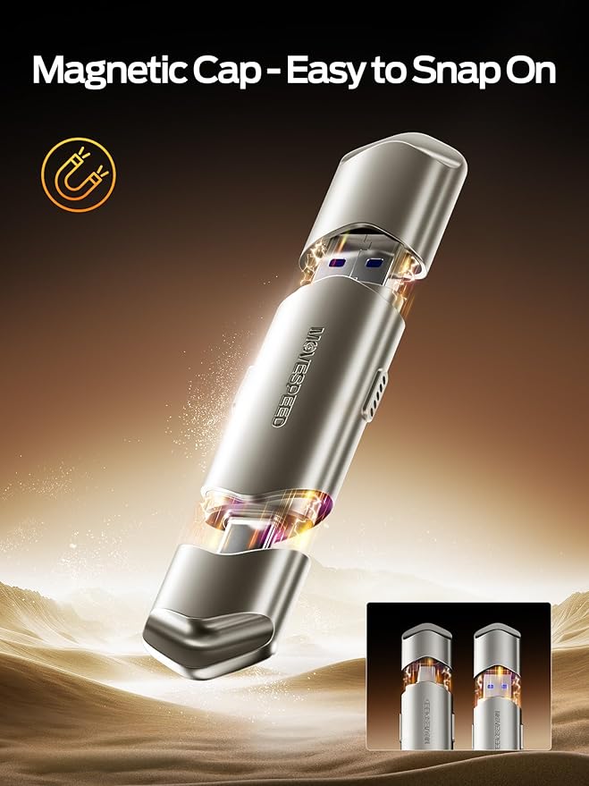 MOVE SPEED USB Drive 256GB External SSD 1000MB/s USB 3.2 Gen2+USB C Dual Ports Portable Zinc Alloy Thumb Drive Stick, External Drive with Metal Casing for iPhone 15/16/17 Series/Mac/Android Phone