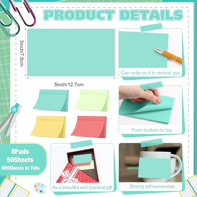 Fainne 8 Pack Sticky Notes Bulk Back to School Supplies Self Stick Note Pads Paper Memo for Office First Day of School Student Teacher Essentials (3 x 5 Inch,Fresh Color)