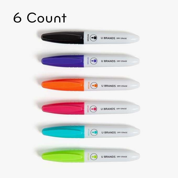 U Brands Fine Tip Dry Erase Markers, Mini Size Whiteboard Markers, Low Odor, Assorted Bright Colors, Set of 6
