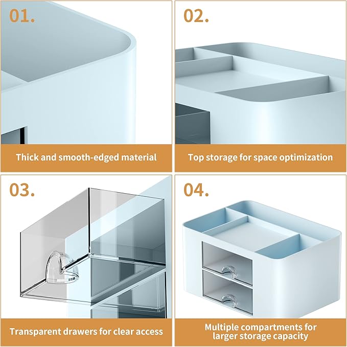 Marbrasse Pen Organizer with 2 Drawer, Multi-Functional Pencil Holder for Desk, Desk Organizers and Accessories with 5 Compartments + Drawer for Office Art Supplies (Blue)