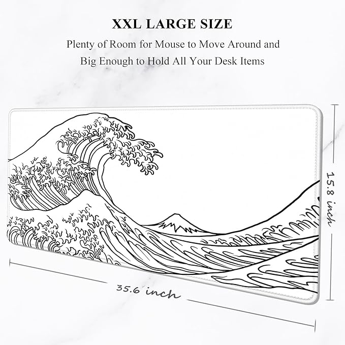 Auhoahsil Large Mouse Pad, XXL Gaming Mousepad, Desk Mat for Desktop, Thick Rubber, Big & Long Size, Stitched Edges, Full Desk Pad for Laptop & Computer, Extended 35.4 x 15.7 in, White Great Wave