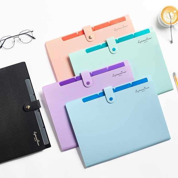 Sooez Expanding File Folder, Letter Size Accordion File Organizer, 5 Pocket Folders for Documents, Cute Folder with Labels, Portable Paper Organizer for School Office Supplies, A4 Size, Purple