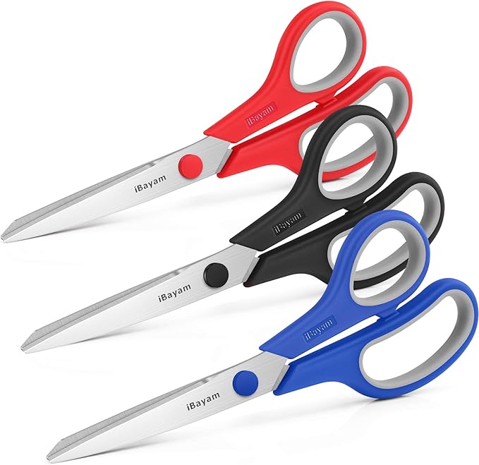 Scissors, iBayam 8" All Purpose Scissors Bulk 3-Pack, Ultra Sharp 2.5mm Thick Blade Shears Comfort-Grip for Office Desk Accessories Sewing Fabric Home Craft School Supplies, Right/Left Handed