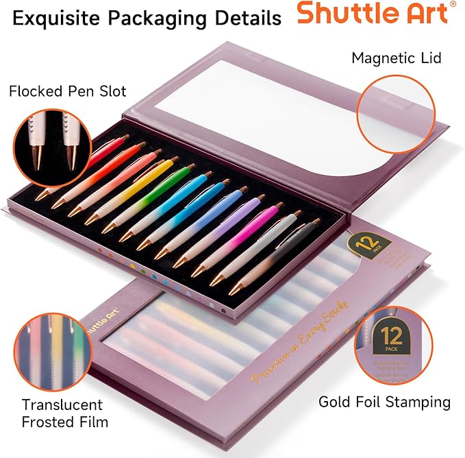 Shuttle Art Fancy Pens Gift Set, 12 Pack Colored Retractable Black Ink Ballpoint Pens, Cute Pens 1.0mm Medium Point Waterproof Elegant Gift Set for Writing Journaling Note Taking School Office Home
