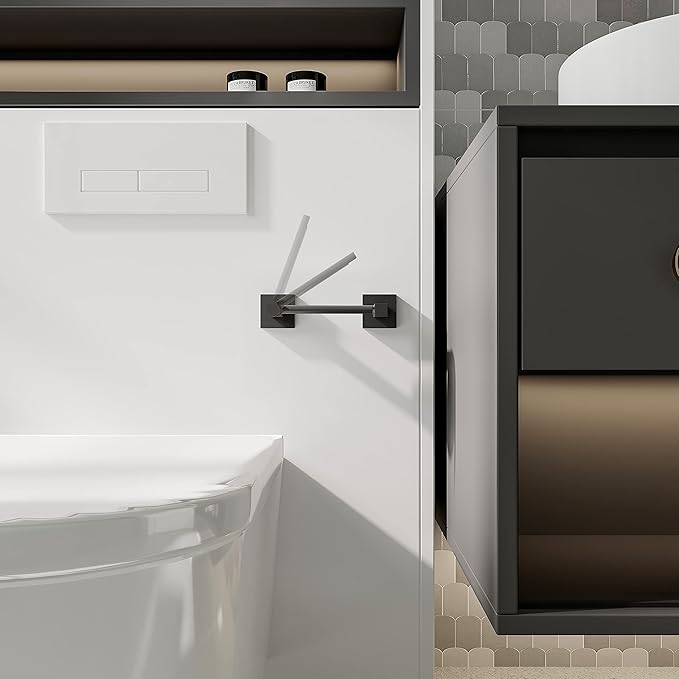 Ruacq Matte Black Toilet Paper Holder Towel Ring Bathroom Accessories Hardware Set Double Post Pivoting Toilet Roll Holder Square Stainless Steel and Zinc Alloy Modern Wall Mounted 2 Pieces
