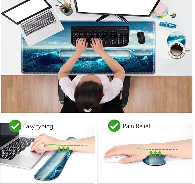 AIMSA Keyboard Mouse Pad Wrist Rest, Extended Gaming Mouse Pad +Wrist Support, Ergonomic Memory Foam,XXL Large Mousepad Easy Typing Pain Relief, 4Pcs (35×15.7 in) Desk Mat,Big Sea Waves