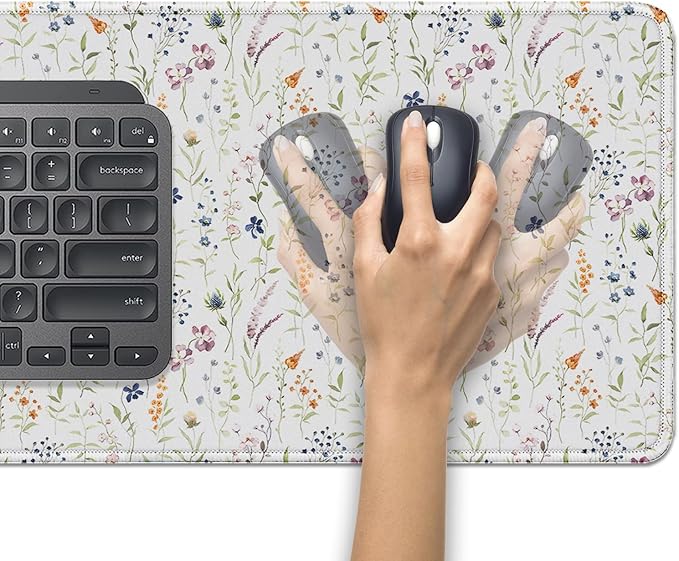 Wildflowers Flowers Mouse Pad,Large White Floral Mousepad Desk Pad with Stitched Edges,Non-Slip Waterproof Rubber Base Mouse Mat for Office Computer Keyboard Laptop Home(27.5x11.8 in)