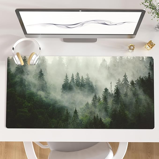 QIYI Large Mouse Pad, Extended Desk Mat for Desktop, PU Leather Waterproof Gaming Mousepad, Computer Desk Accessories Protector Writing Pads for School Office Home 31.5" x 15.7" - Misty Forest