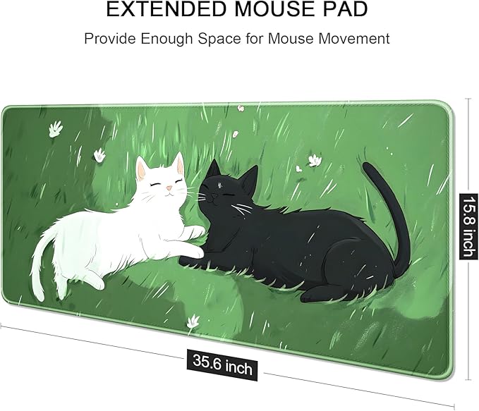 Auhoahsil Large Gaming Mouse Pad, Cute Cat Theme XXL 35.4 x 15.7 in Desk Pad Stitched Non-Slip Rubber Long Computer Mousepad Thin Extended Full Size Desk Mat for Desktop Laptop Wireless Mice, Green