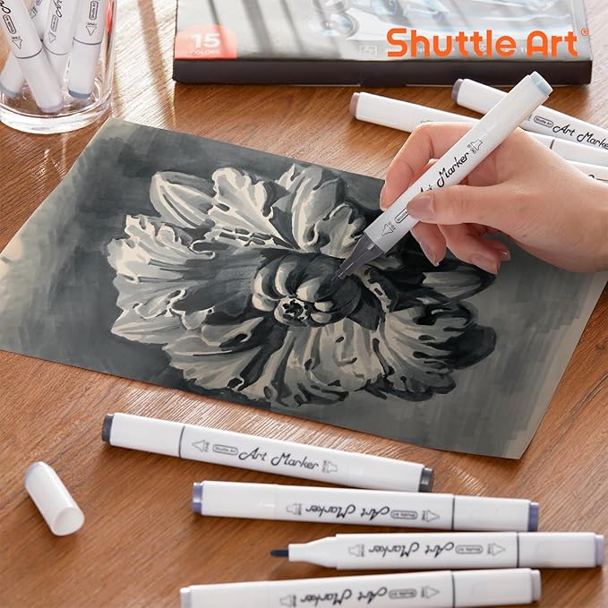 Shuttle Art 15 Colors Grey Tones Dual Tip Art Marker, Alcohol Based Marker Pens Double Ended with Fine and Chisel Point Tips Perfect for Drawing,Shading,Sketching,Designing,Outlining,Illustrating