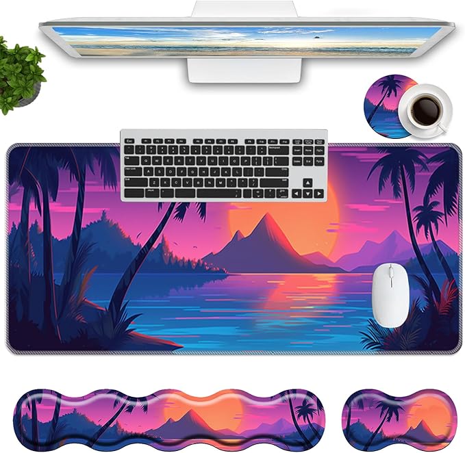 Keyboard Mouse Pad Set,Large Mouse Pad+Keyboard Wrist Rest+Wrist Support+Coaster,31.5x11.8in Extended Desk Mat for Computer Laptop Office Home-Sunset Beach Palm Trees