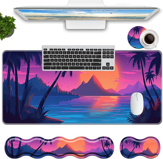Keyboard Mouse Pad Set,Large Mouse Pad+Keyboard Wrist Rest+Wrist Support+Coaster,31.5x11.8in Extended Desk Mat for Computer Laptop Office Home-Sunset Beach Palm Trees