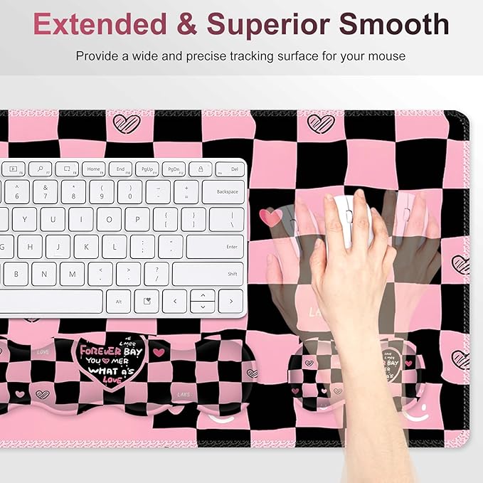 Desk Mat Gaming Mouse Pad, Cute Desk Matt Keyboard Wrist Rest for Desktop, Anti-Slip Big Mousepad Stitched Edges, XXL Large Mouse Pad with Wrist Support for Home Office I Pink Black True Love