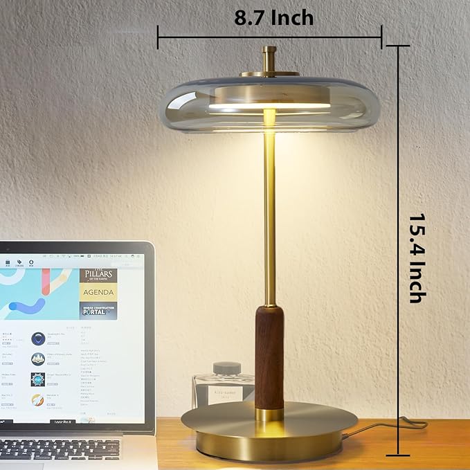 Small Table Lamp for Bedroom-Brass Base Mushroom Table Lamps,Amber Glass Shade,LED Three Color Temperature Adjustable Brightness Modern LED Side Table and Desk Lighting(H 15.4 in)
