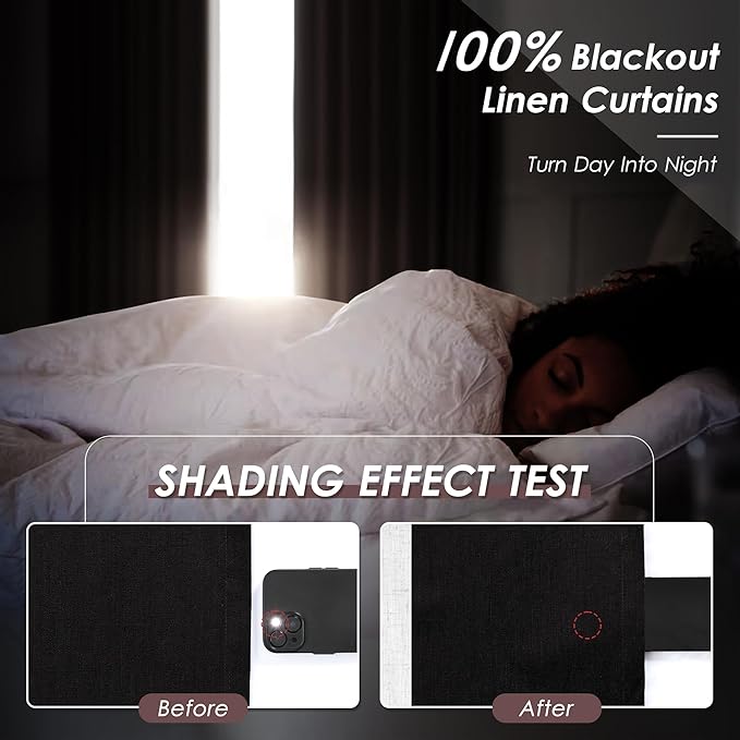 100% Blackout Linen Curtains 100 Inches Long 2 Panels for Bedroom Back Tab Pinch Pleated Black Out Curtain Modern Urban Noise Cancelling Total Light Blocking Window Drapes 100 Inch Length,Black