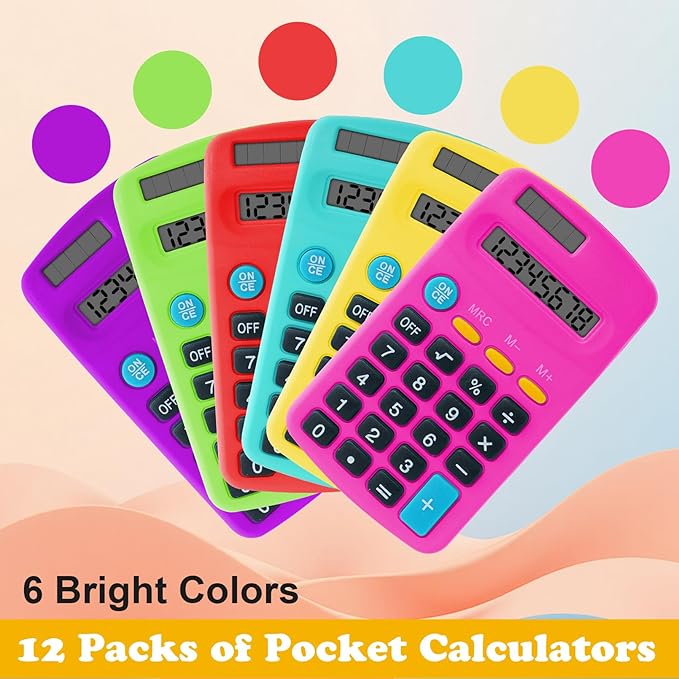 12 Pieces Pocket Calculators,Pocket Mini Calculators,8 Digit Display Basic Calculator,Solar Battery Dual Power Function Calculator for Students Kids Home Office (Multicolor, 12 Pieces)