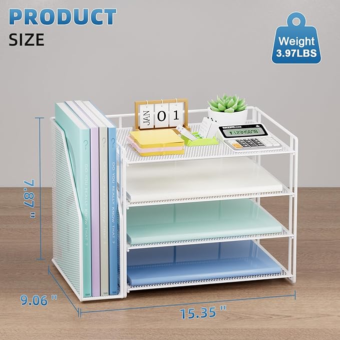 Marbrasse Desk Organizer and Accessories，4-Tier Paper Letter Tray Organizer with File Holder，Desk Accessories & Workspace Desktop Organizers for School Home Office Supplies (White)