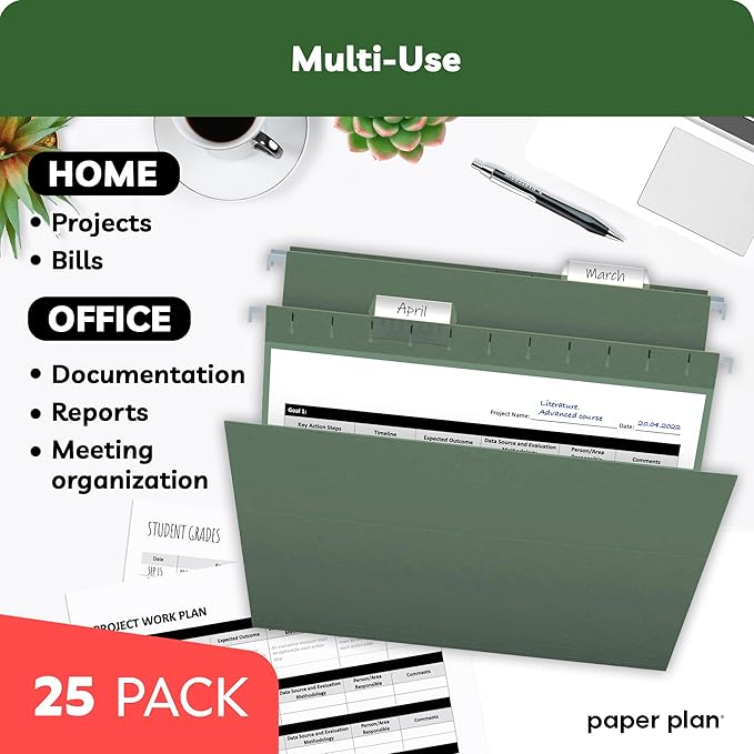 Hanging File Folders - (25 Pack), by Paper Plan, 8.5 x 11 Letter Size, Dark Green, U-Base with 2" Expansion - Ideal for Easy and efficient Document Organization