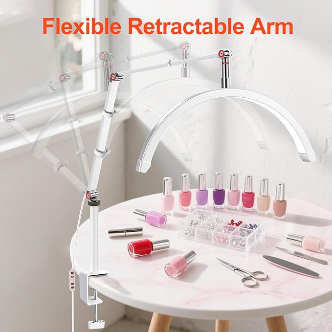 Professional LED Desk Lamp, Half Moon Light for Desk with Clip&Phone Holder, Esthetician Light with Adjustable 10-Level Dimming & 3 Color for Work,Office,Makeup,Nail Salon,Tattoo,Craft (White)