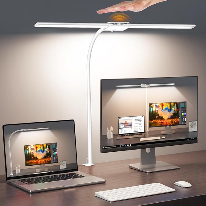 Syrinx LED Desk Lamp, Double Head Gooseneck Desk Lamps for Home Office with Gesture Switch & Wired Control, 12W Bright Modern Desk Light Eye-Caring Office Desk Lamp with Clamp for Crafting Reading