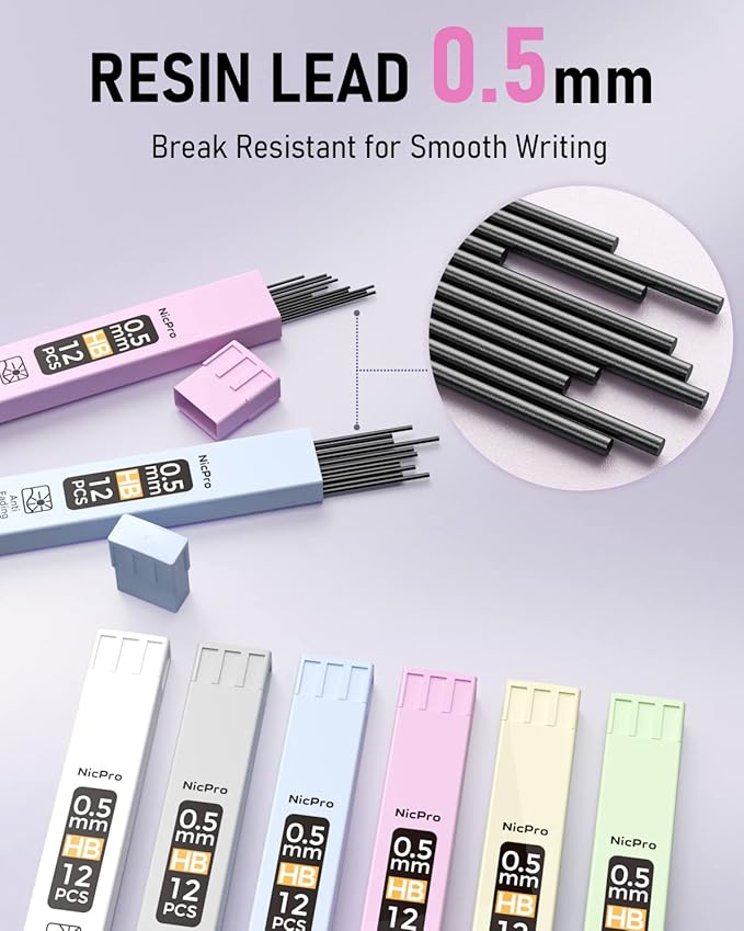 Nicpro 6PCS Pastel Mechanical Pencil Set 0.5 mm, Cute Mechanical Pencils with Comfort Grip with 12 Tubes HB Lead Refill, 3 Eraser, 9 Eraser Refills for Student Writing, Drawing, Sketching- with Case