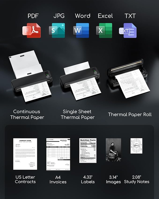 Portable Printers Wireless for Travel, Inkless Thermal Printer, Small Bluetooth Mobile Printer Support 8.5" X 11" Letter & A4 Thermal Paper, Compatible with iPhone Phone Laptop for Home Office Receipt