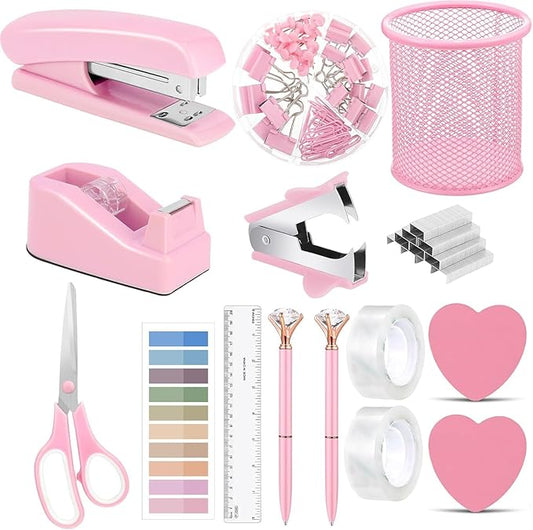 Office Supplies,Desk Accessories, Stapler and Tape Dispenser Set for Women with Stapler, Tape Dispenser, Staple Remover, Staples, Clips, Scissor and Tabs,Gift for Students, Coworkers