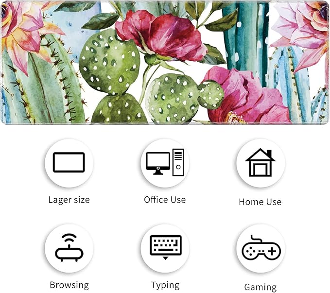 Big Desk Pad (31.5 X 11.8 Inch) Mat Accessories for Women Men - Protector Extended Mouse Pad for Office/Home, Writing Pad for Top of Desks +Cup Coaster, Cactus Flower