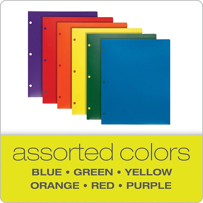 Oxford 2 Pocket Folders, Plastic Portfolio, Folder for School and Office, 2-Pocket Paper Organizer, 3 Hole Punch, Letter Size, Asst. Colors (Blue, Green, Yellow, Orange, Red, Purple), 6 Pack (14187)