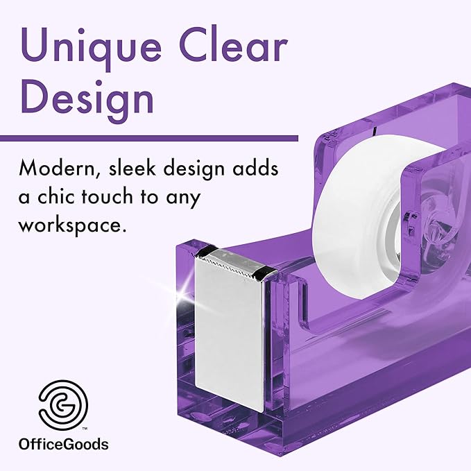 OfficeGoods Acrylic Tape Dispenser – Modern Desk Organizer for Office Supplies – Heavy Duty Refillable Tape Holder for Home and School Crafting – Stylish Desktop Accessory for Gift Wrapping, Purple