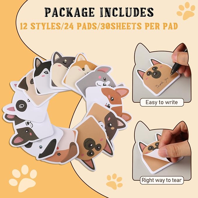 Yinder 24 Pads Cute Sticky Notes Kawaii Fun Animal Sticky Notes Pads Bulk Cartoon Memo Self Adhesive for Veterinary Gift Office School Tab Party Supplies(Dogs)