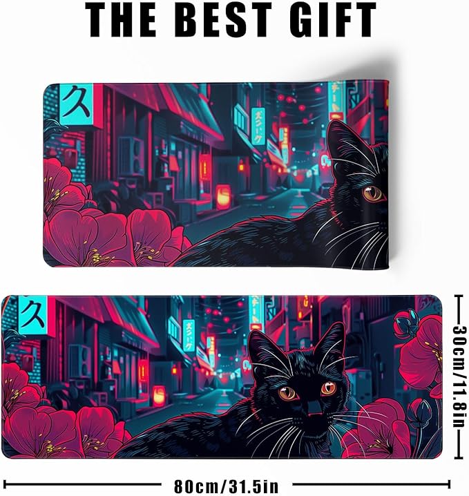 Japanese Black Cat Mouse Desk Pad Kawaii Red Anime Desk Mat Desk Decor Large Gaming Mouse Pad for Tokyo Neon Desk Mousepad Computer Office Keyboard Laptop Big Floral Mouse Pad Xl-31.5x11.8 in