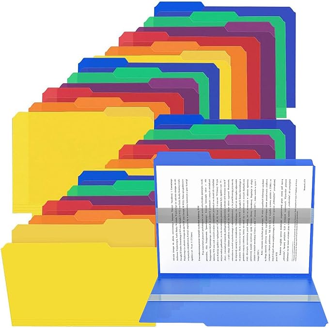 24 Pack Colored Plastic Manila File Folder,3 Tab Multi-Color Heavy Duty Files Folder with 1/3-Cut Tabs,Letter Size,Assorted Colors Filing Folder,Cabinet Office Supplies Folders for Documents, 8.5 x 11