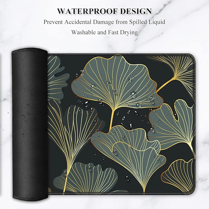 Auhoahsil Extended Mouse Pad, XXL Gaming Mouse Pads, Large Big Mousepad Laptop Computer Keyboard Mat Desk Pad with Non-Slip Base Stitched Edge for Gaming Office, 35.5 x 15.7 inch, Gold Line Leaves