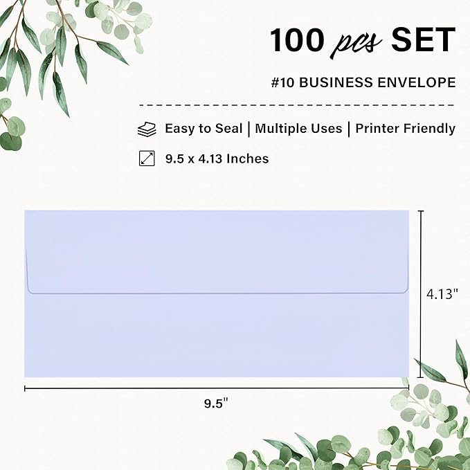 100 Pack #10 Business Envelopes, Self Seal Standard Lavender Envelopes for Secure Business & Legal Mailing, Office, Checks, Letter, Invoices, 4 1/8 x 9 1/2 Inches
