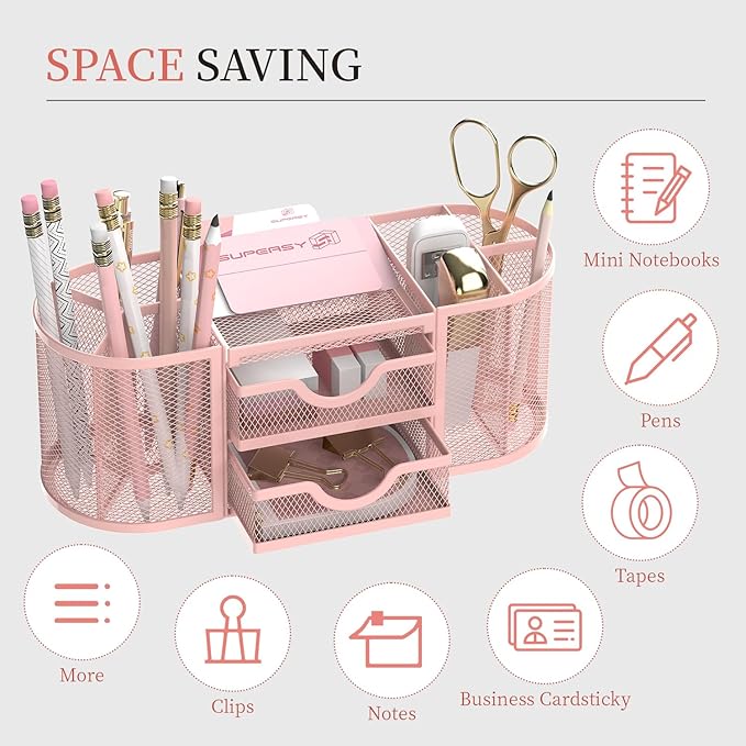 SUPEASY Mesh Desk Organizer, Desk Organizers and Accessories, Pen Holder with Drawers, Pencil Holder for Desk with 2 Drawer for Office Supplies, Pink