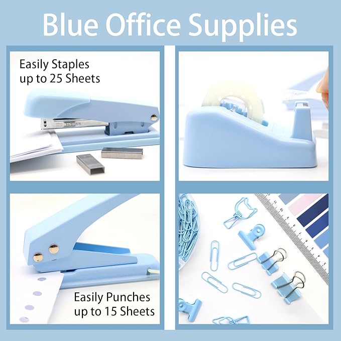 Blue Office Supplies,UPIHO Blue Desk Accessories,Stapler and Tape Dispenser Set for Women with Stapler,Tape Dispenser,Magnetic Staple Remover,Staples,Clips,Hole Punch and Tabs,School Supplies