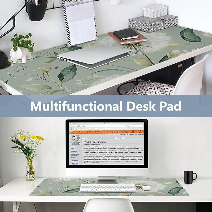 Mouse Pad Desk Mat Leather Desk Pad Large Gaming Desk Cover Protector Mat for Keyboard Computer Laptop Office Waterproof 35.4 x 16.5 Inch Sage Green Dandelion