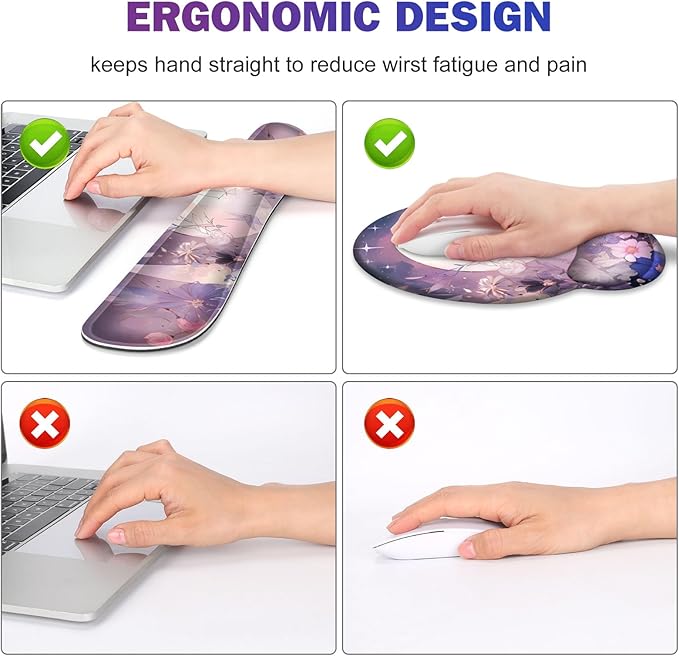 Large Desk Mat, Gaming Mouse Pad, Desk Pad Protector, XXL Mousepad + Keyboard Wrist Rest+Mouse Wrist Rest+Coaster Set with Ergonomic Desk Pad for Home Office PC Computer, Pastel Purple Flower Moon