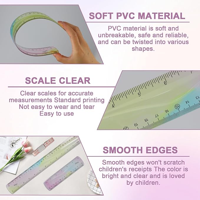 2 PCS Ruler, Kids Ruler, Soft Flexibleruler, Bendable Plasticruler, Single Piece Plastic Construction, with 1 Measuring Tape for School, Classroom, Office, Kids & Adults (5.9 in, 11.8 in)