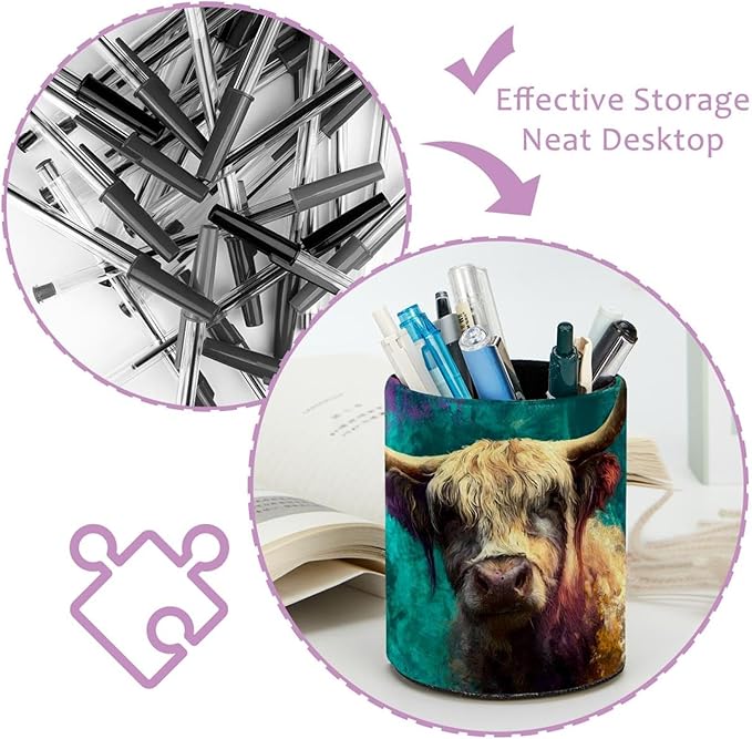 1 Pack Watercolor Art Yak Circular Pen & Pencil Holder - Durable PU Leather Pencil Cup, Desk Accessories Organizer for Office Desk School Home