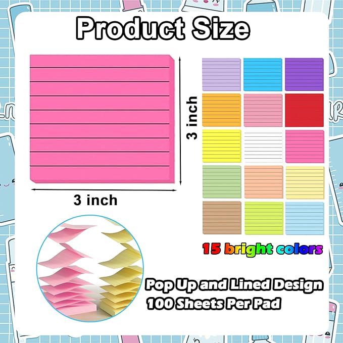 15 Pads Pop Up Sticky Notes,15 Bright Colors Self-Stick Notes Pads with Lines,1500 Sheet Lined Sticky Notes 3x3 Inch Pop up Refills,Clean Removal,Assorted Pastel Colors,100 Sheets/Pad