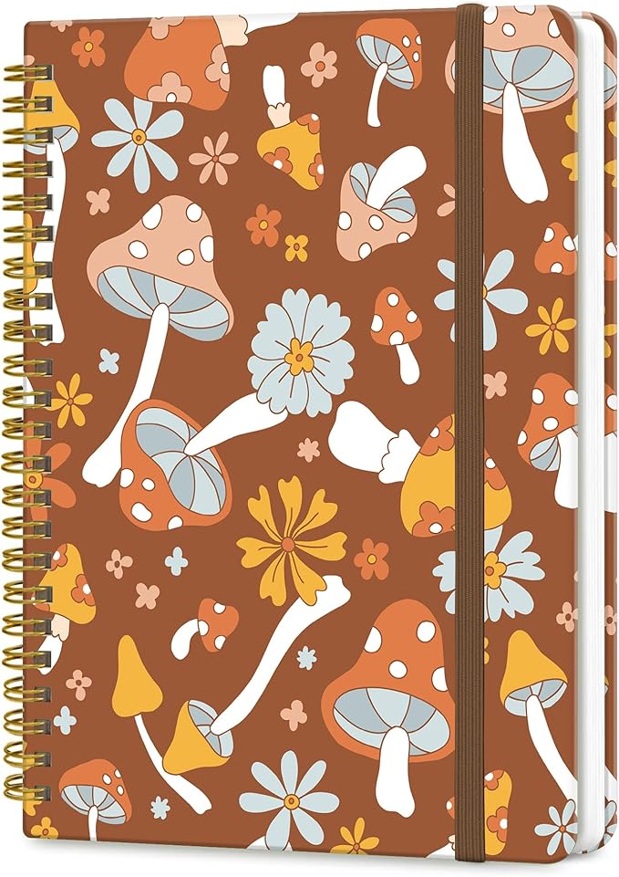 Spiral Journal Notebook, A5 Cute Notebooks for Women Men, College Ruled Hardcover Notebook for Work & Note Taking, 60 Pages Double-Wire Journals for Writing, Retro Cute Boho Mushrooms