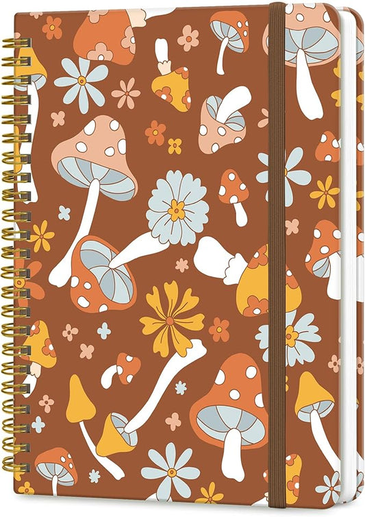 Spiral Journal Notebook, A5 Cute Notebooks for Women Men, College Ruled Hardcover Notebook for Work & Note Taking, 60 Pages Double-Wire Journals for Writing, Retro Cute Boho Mushrooms