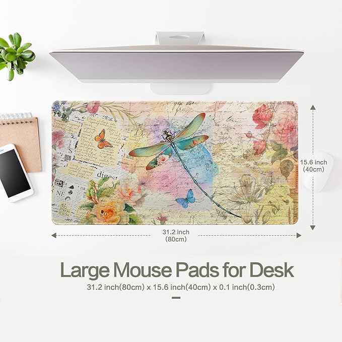 Vimorco Gaming Mouse Pad 31.5x15.7 Inch Large Desk Mat, Non-Slip Rubber Base & Smooth Precision Surface, Waterproof Extended Mouse Pad for PC, Laptop, Office and Table, Vintage Dragonfly