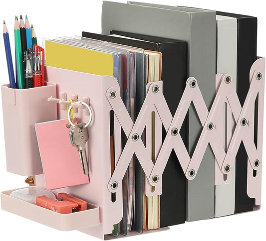 PATIKIL Adjustable Book Ends, 7.5" Tall Heavy Duty Metal Adjustable Bookends Book Holders Organizer with Removable Pen Holder Tray and 3 Hook-up for Heavy Books Desk Office Home, Pink