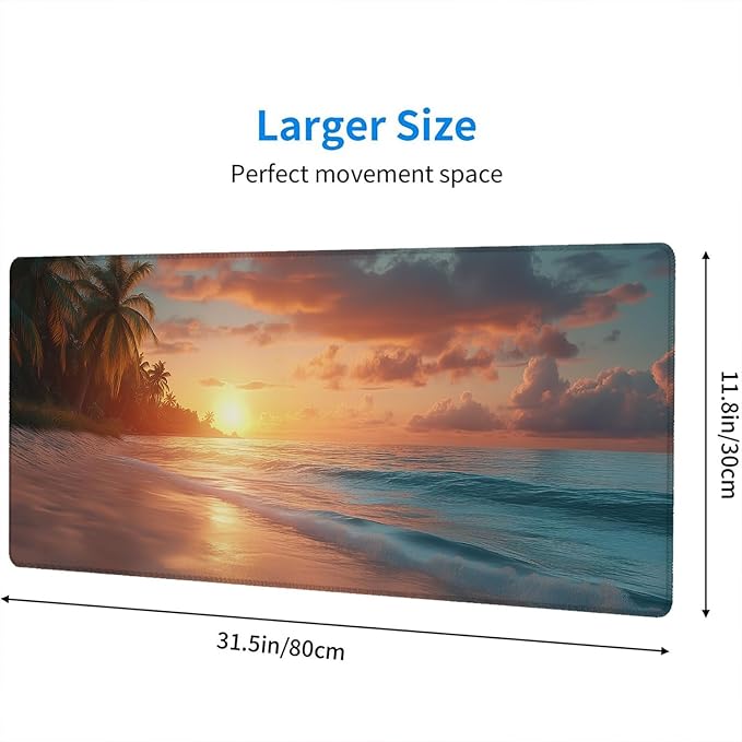 Beach Desk Mat Gaming Mouse Pad Sunset Shore Palms Trees Tropical Extended Gaming Mat with Stitched Edge Non-Slip Base Big Office Computer Keyboard Laptop Home 31.5"x11.8"