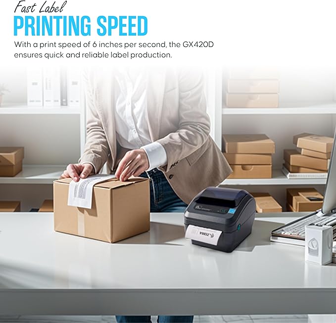 GX420D Zebra Direct Thermal Label, Receipt & Barcode Printer - with USB 2.0 Cable, 4x6 Label Roll, 24V - USB, Serial and Ethernet Connectivity (Renewed)