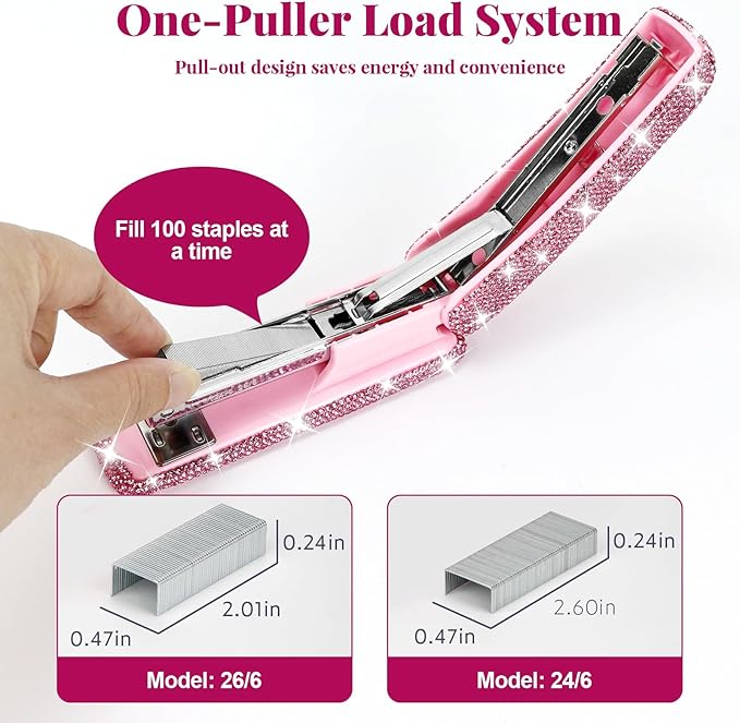 Multibey Rhinestone Stapler for Desk, Bling Crystal Handmade Stapler with 2000 Staples, Office Desktop Dazzling Staplers Rhinestone Desk Accessories for Women Office (Pure Pink