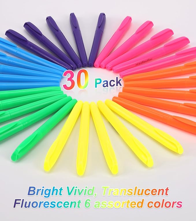 Highlighters, 6 Assorted Colors, Dry-Quickly, No Bleed, Chisel Tip, Bright Multi Colored Highlighter Bulk for Office 30 Pack